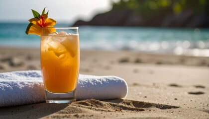 Beach towel and tropical drink on sand