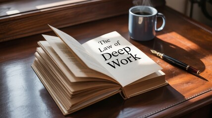 A scene for self-improvement and professional development. Reading a book about the habits of focus and efficiency to achieve success and a productive work-life balance.