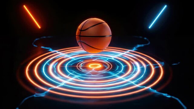 Glowing basketball radiates electric blue and orange trails, mid-rebound
