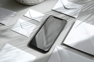 A mock-up with empty white envelopes and a mobile phone on a desk