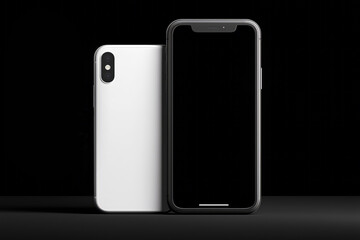 Mockup of a white mobile phone and a grey mobile phone front panel on a black background