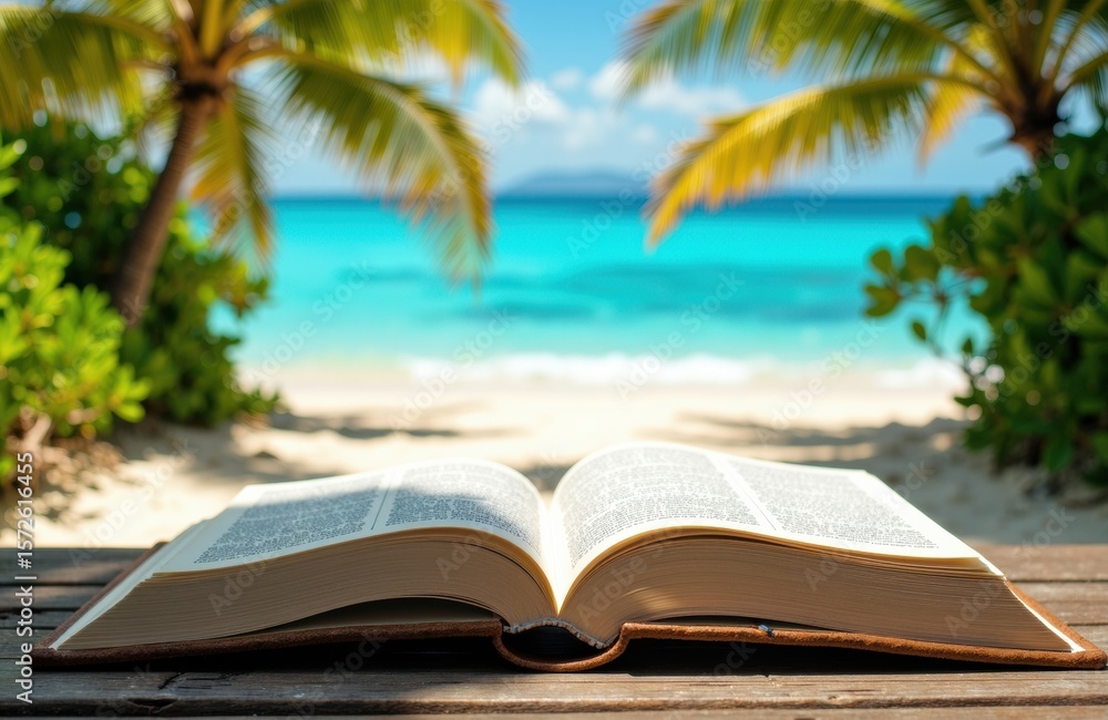 Aufkleber open book resting on wooden surface with tropical beach scene in background showing palm trees and t
