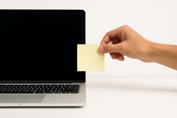 Hand Holding Yellow Sticky Note in Front of Laptop Screen