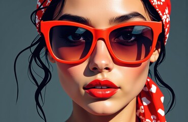 Woman with dark hair wearing red sunglasses and polka dot headscarf looks directly at camera with confident expression