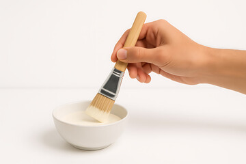 Hand Dipping Brush into White Bowl with Cream or Sauce