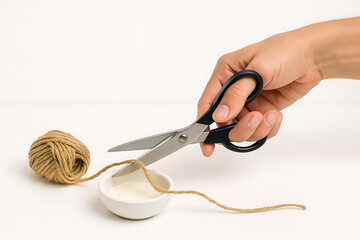 Hand Cutting Brown Twine over Bowl with Black Scissors