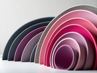 Fototapeta premium Abstract arrangement of layered semi circles in varying shades of pink and gray on a white surface