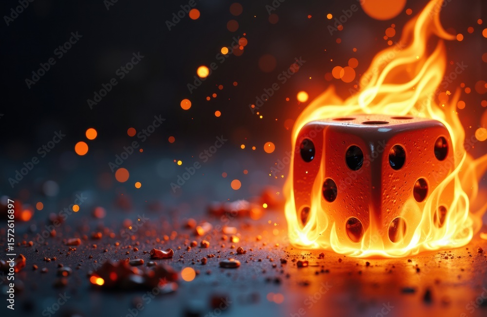 Poster a fiery dice with flames and glowing sparks creating a dramatic and intense visual effect