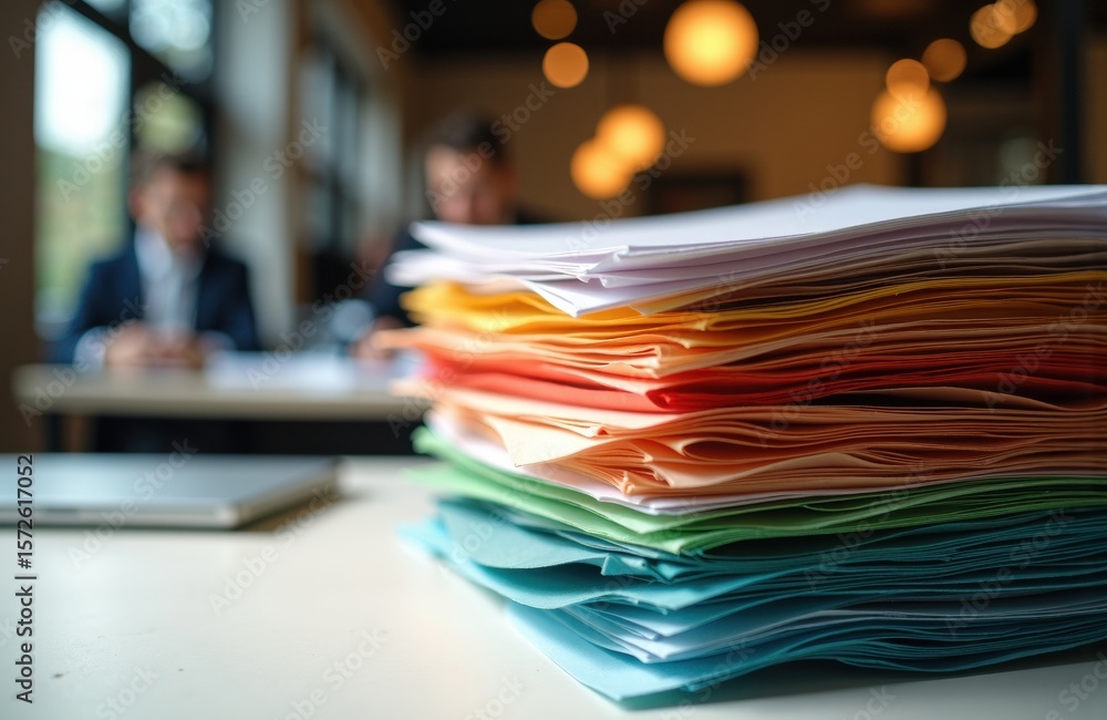 Poster stacks of colorful folders and papers on a desk in an office environment with blurred colleagues in 