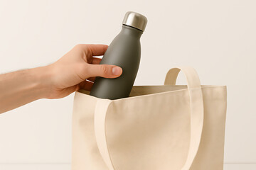 Hand Putting Reusable Water Bottle into Canvas Tote Bag