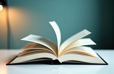 Obraz premium Open book with pages flipping in a cozy indoor setting