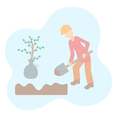 A young man plants a tree. Digging the ground with a shovel. A bush for planting, wrapped in a canvas bag. Color vector illustration. Isolated on white background. Flat style. Digging a garden bed. 