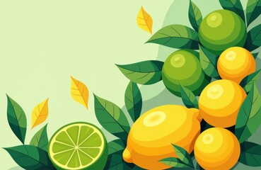 Lemon and lime fruits with green leaves on a light background