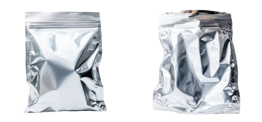 Two crumpled, clear, sealed, foil-lined, food-grade zipper bags
