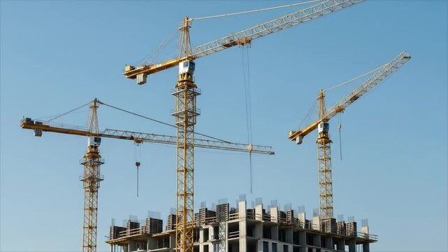 Several yellow construction cranes working on a building under a clear blue sky.