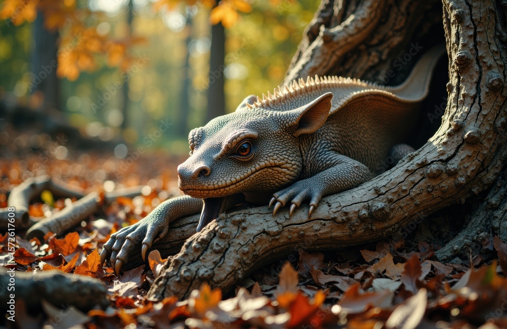 Poster a close-up of a lizard resting on a tree branch in a vibrant autumn forest scene