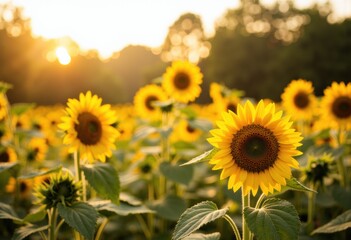 Vibrant sunflowers blooming in a golden sunset landscape