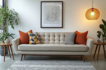 Fototapeta premium Beige sofa and round end tables placed near a white wall, featuring a large mock-up poster frame. Mid-century modern living room design, Generative AI