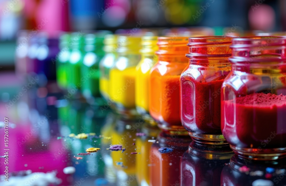 Poster colorful jars filled with vibrant paints or pigments arranged in a row on a reflective surface with 