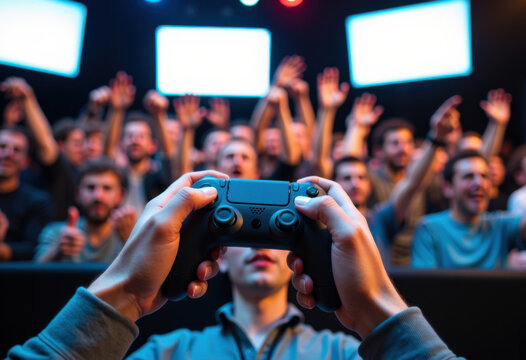Person holding a gaming controller in front of an excited crowd at a gaming event