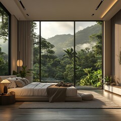 Interior design of a modern bedroom featuring large panoramic windows with views of a tropical forest, combining natural beauty and comfort, Generative AI