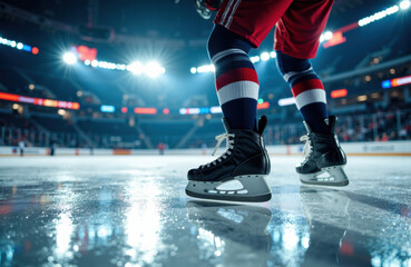 Ice hockey player in skates on rink with bright arena lights and audience in background