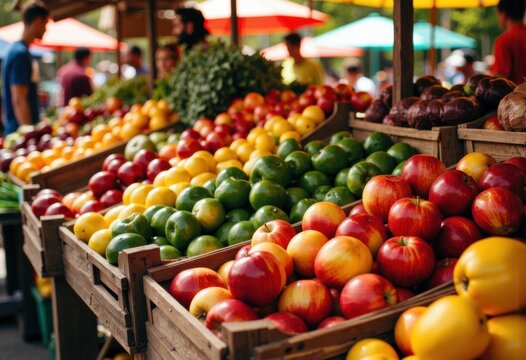 Fresh apples and citrus fruits displayed at an outdoor market stall on a sunny day - Powered by Adobe