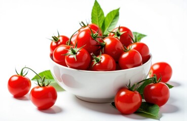 Fresh cherry tomatoes in a white bowl with green leaves, on a white background