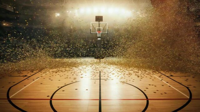Basketball court celebration with confetti shower after game
