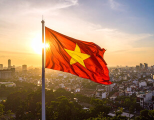 Vietnam Flag Waving Above Hanoi Skyline at Sunset, Vietnam's Golden Hour: Capturing the Flag Amidst the Cityscape