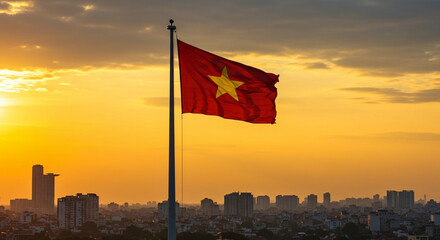 Vietnam's Flag Over Hanoi Cityscape at Sunset, Hanoi's Skyline Under Golden Sunset Skies with Vietnam's National Flag Waving
