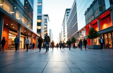 People walking in a modern urban shopping district with tall glass buildings and storefronts