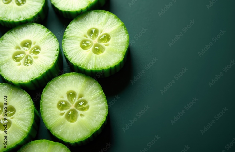 Poster fresh cucumber slices arranged on a dark green background with space for text