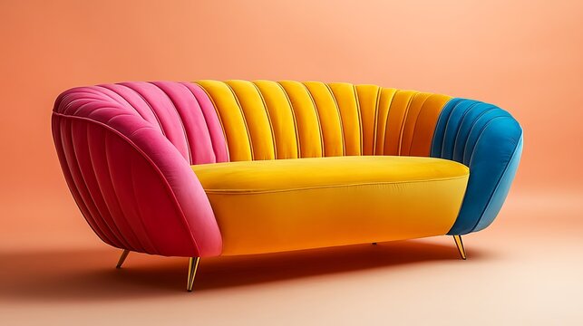 A vibrant, multicolored velvet sofa with a unique shelllike design adds a pop of color and style to any modern living room