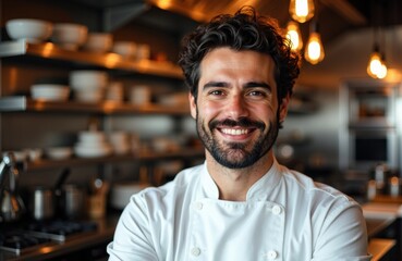 Fototapeta premium Chef smiling in a modern kitchen with warm lighting and shelves of dishes behind him