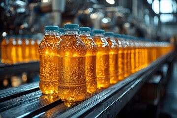 Sparkling Amber Liquid in Plastic Bottles on a Production Line w