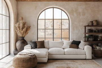 White sofa in a boho-style room with an arched window and stucco walls, set in a rustic modern living room design, Generative AI