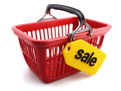 3D red shopping basket with yellow tag sale