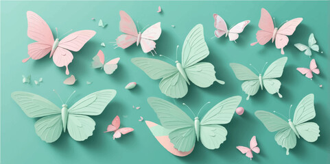 Pink flowers and butterflies with green leaves form a seamless spring floral pattern