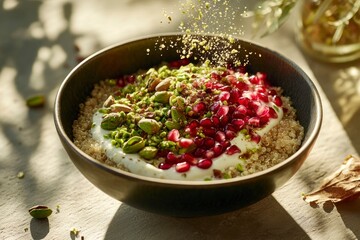 fluffy quinoa in bowl with ruby-red pomegranate seeds, crushed pistachios, and creamy natural yogurt on beige background with shadow.