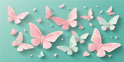 Pink spring blossoms and vibrant butterflies dance on a green background
