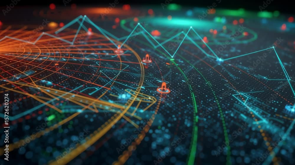 Poster high tech digital interface showcasing complex data visualization with vibrant neon colors. intricat