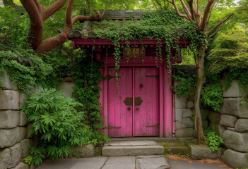 Fototapeta premium The pink wooden door of the old Japanese temple is covered with green vines