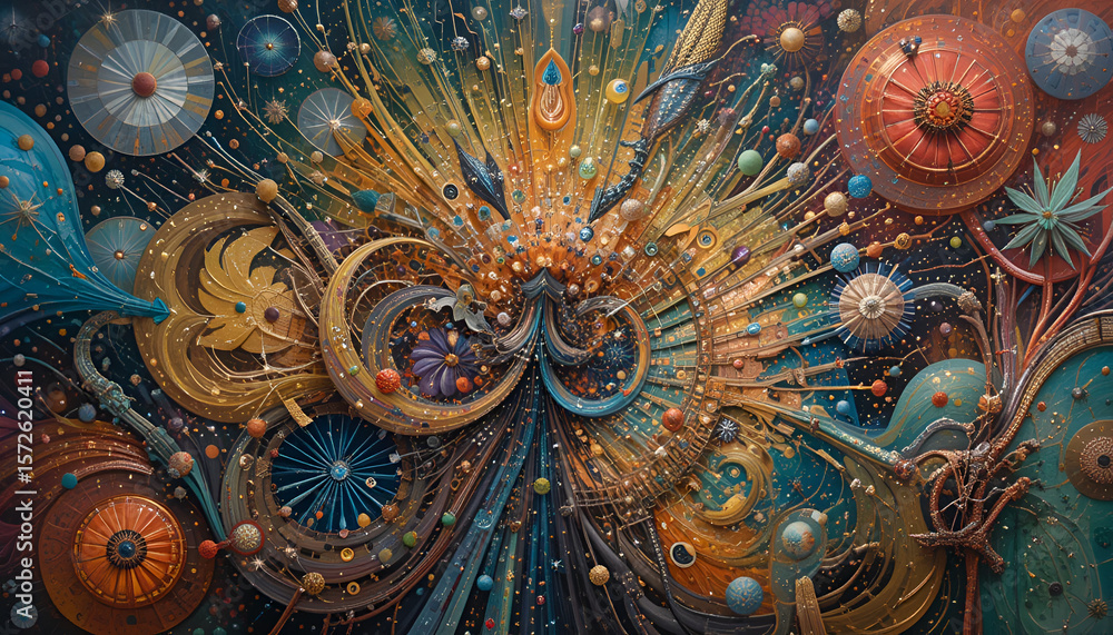 Poster opulent fractal explosion showcases vibrant colors and intricate patterns, creating a whimsical and 