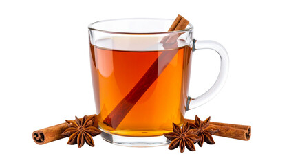 Glass mug of hot spiced tea with cinnamon stick and star anise, isolated on transparent background