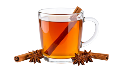 Glass mug of hot spiced tea with cinnamon stick and star anise, isolated on transparent background