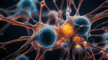 Microscopic Neural Network Texture – Interwoven Glowing Synapses for Brain Disease Research, Neural Links, Aging, Brain disoders, Organic Bio Surface Design and High-Resolution Scientific Background