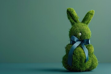 Whimsical moss bunny with elegant blue ribbon, delightful easter decor