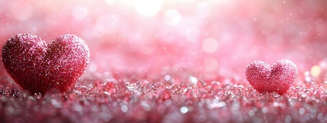 Sparkling Glitter Hearts on a Pink Bed of Crystals, Romantic and