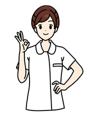 Fototapeta premium 女性看護師の正面立ちポーズ 上半身 OKサイン